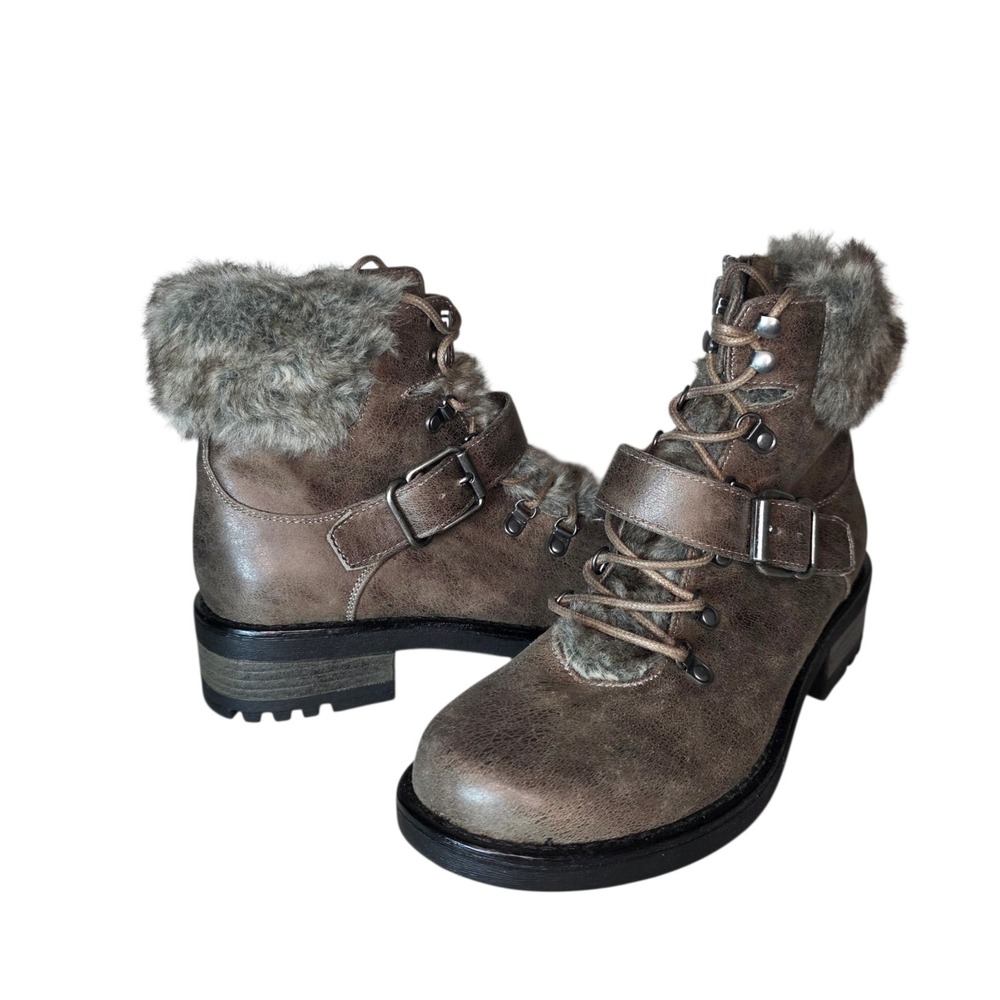 Carlos Santana Syracuse Womens 8M Gray Faux Fur Lace Up Buckle Winter Boots New